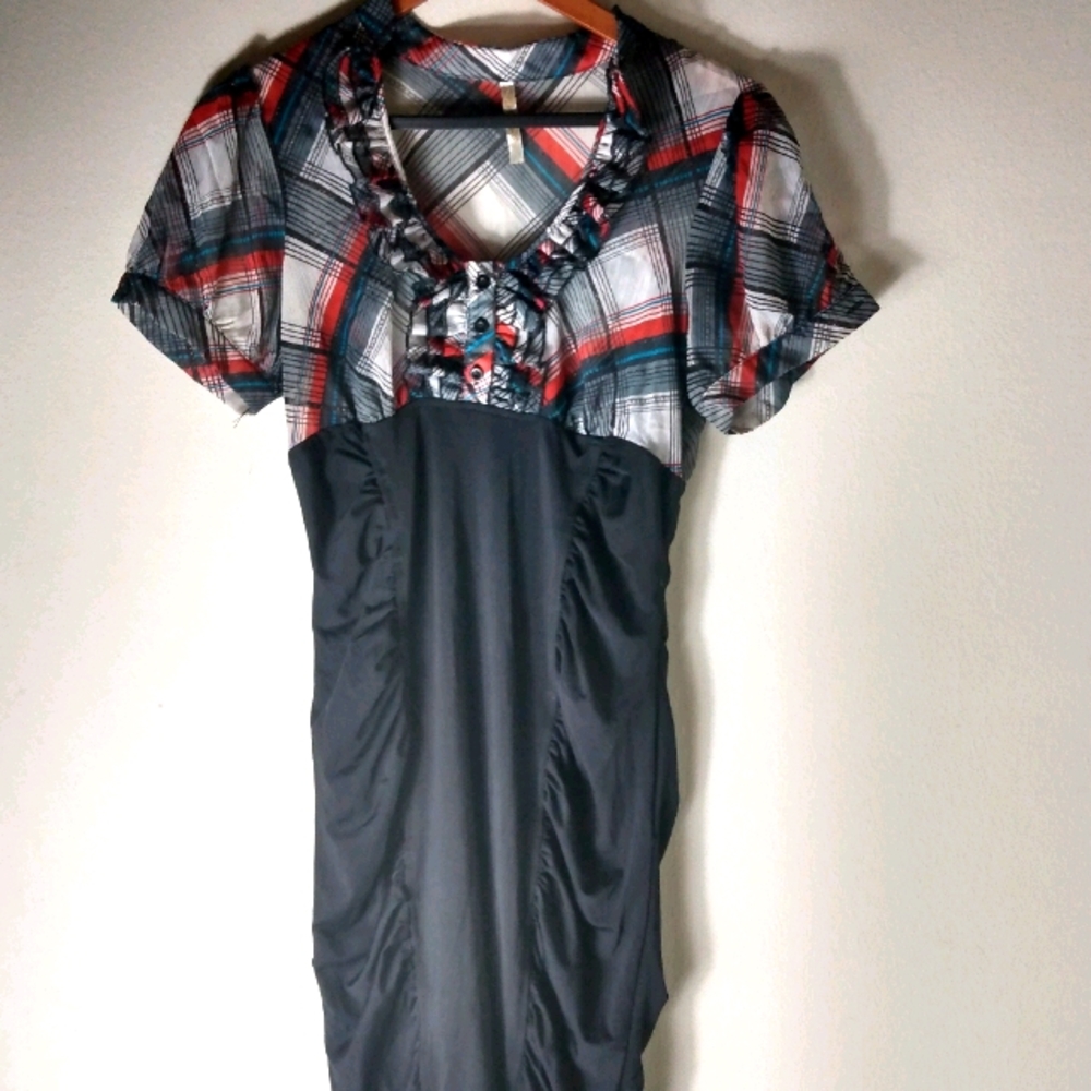 Lolitashow S  Plaid Goth Bodycon Dress in Red Gray